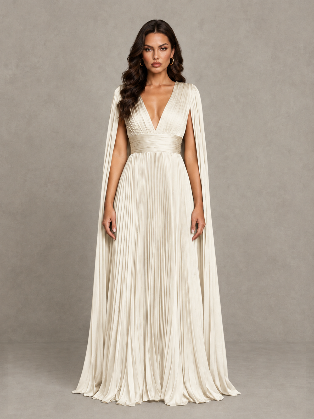 BOLODOO Ivory Deep V-Neck Pleated Cape Sleeve Evening Gown - Ivory - Ivory_1