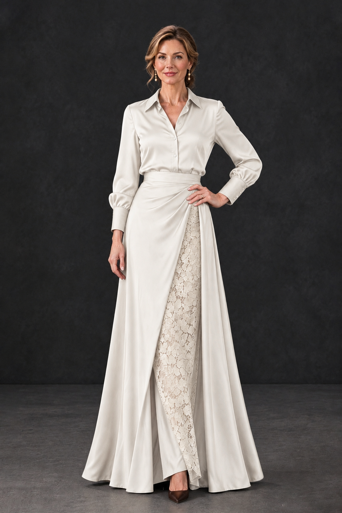 BOLODOO Ivory Long Sleeve Satin-Look Lace Panel Gown - Ivory - Ivory_1