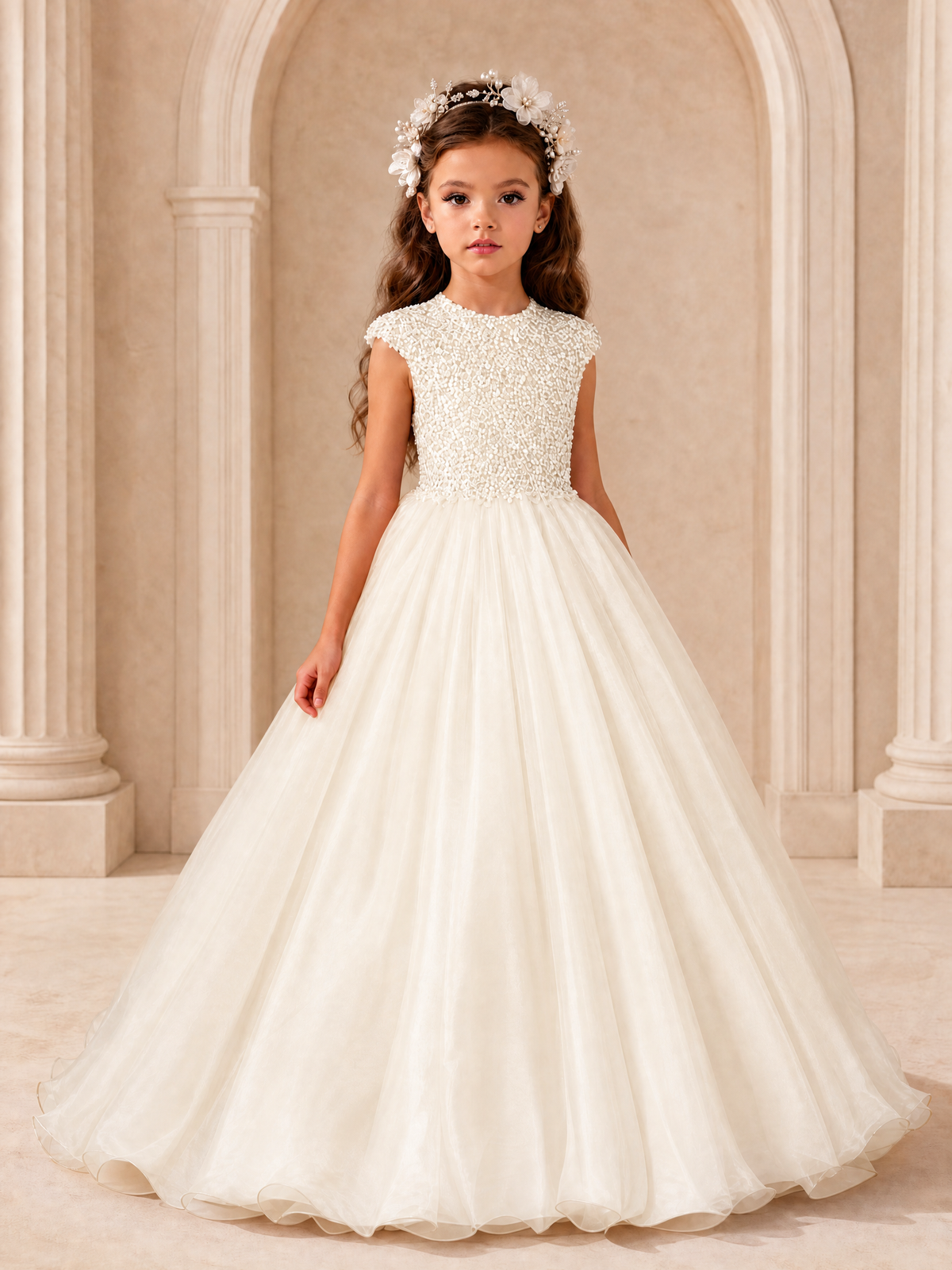 BOLODOO Ivory Sequin Tulle Flower Girl Dress with Cap Sleeves - Ivory - Ivory_1