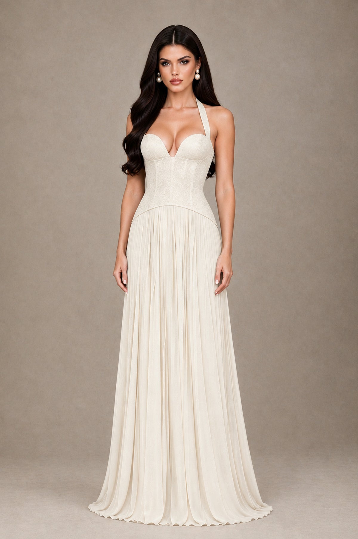 BOLODOO Ivory Halter Corset Pleated A-Line Evening Dress - Ivory - Ivory_1