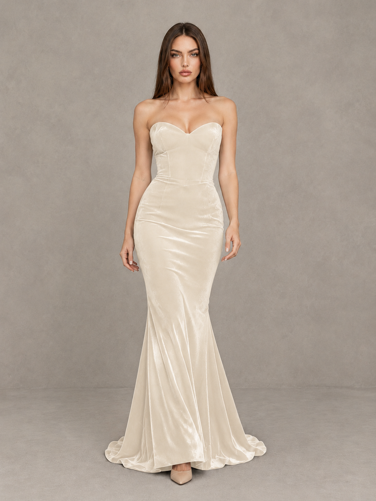 BOLODOO Ivory Strapless Sweetheart Velvet-Look Mermaid Evening Dress - Ivory - Ivory_1