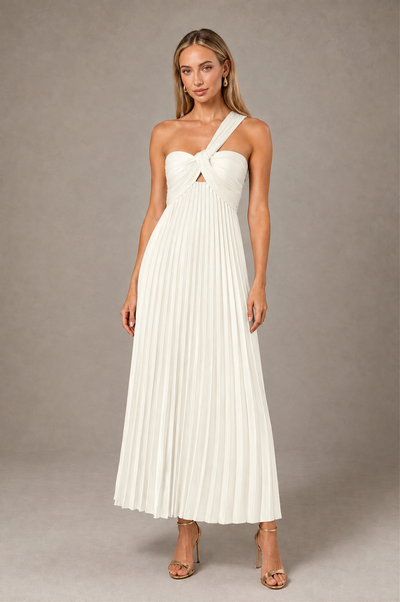 BOLODOO Ivory One-Shoulder Twist Knot Pleated Satin Midi Dress with Cutout - Ivory - Ivory_1