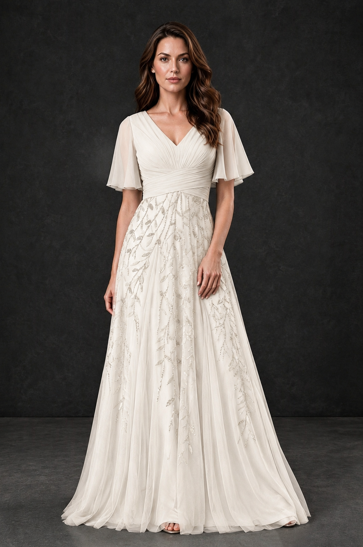 BOLODOO Ivory V-Neck Flutter Sleeve Beaded Botanical Tulle A-Line Gown | Mother of the Bride Evening Dress - Ivory - Ivory_1