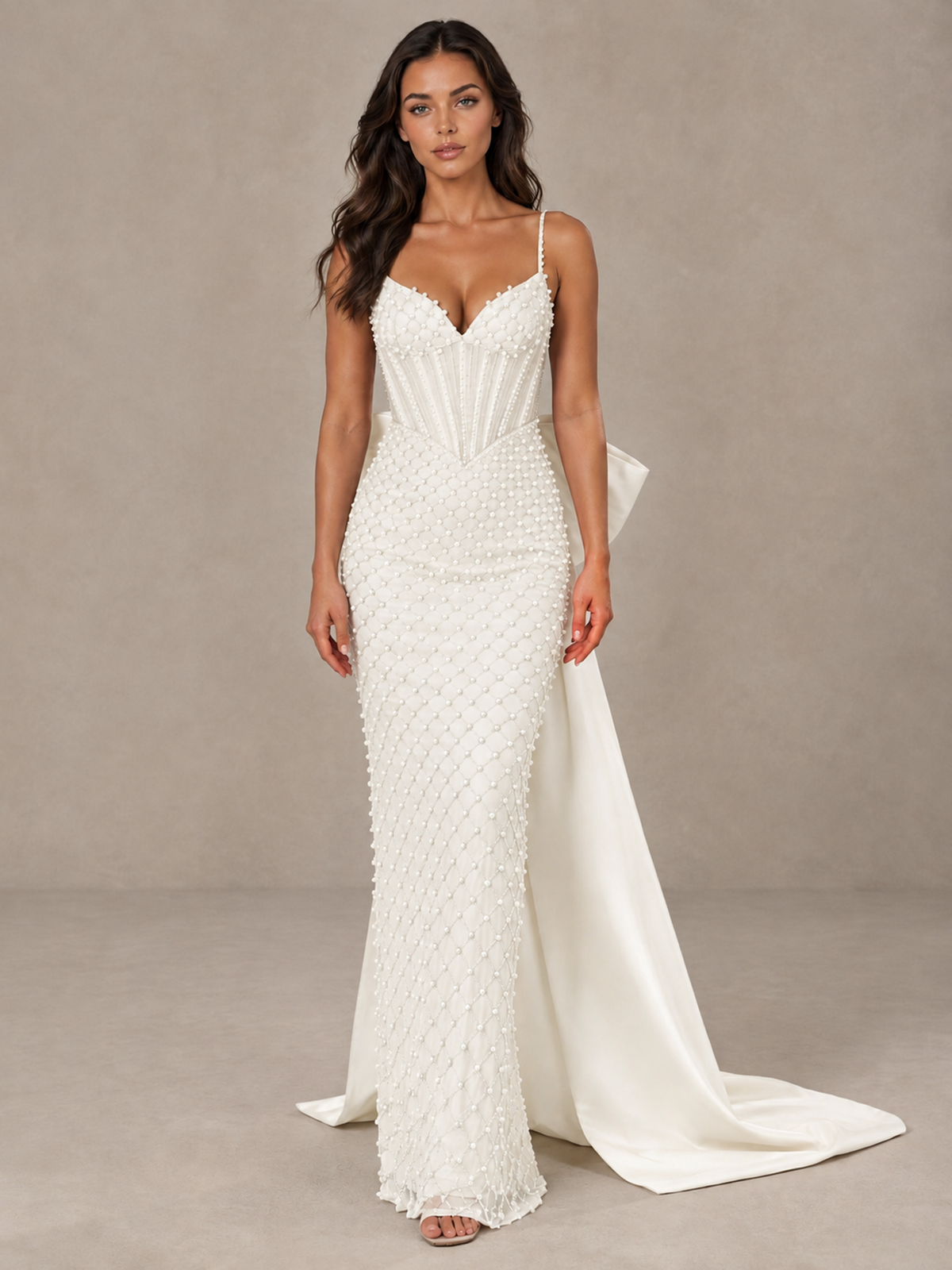 BOLODOO Ivory Beaded Corset Prom Dress with Bow Train - Ivory - Ivory_1