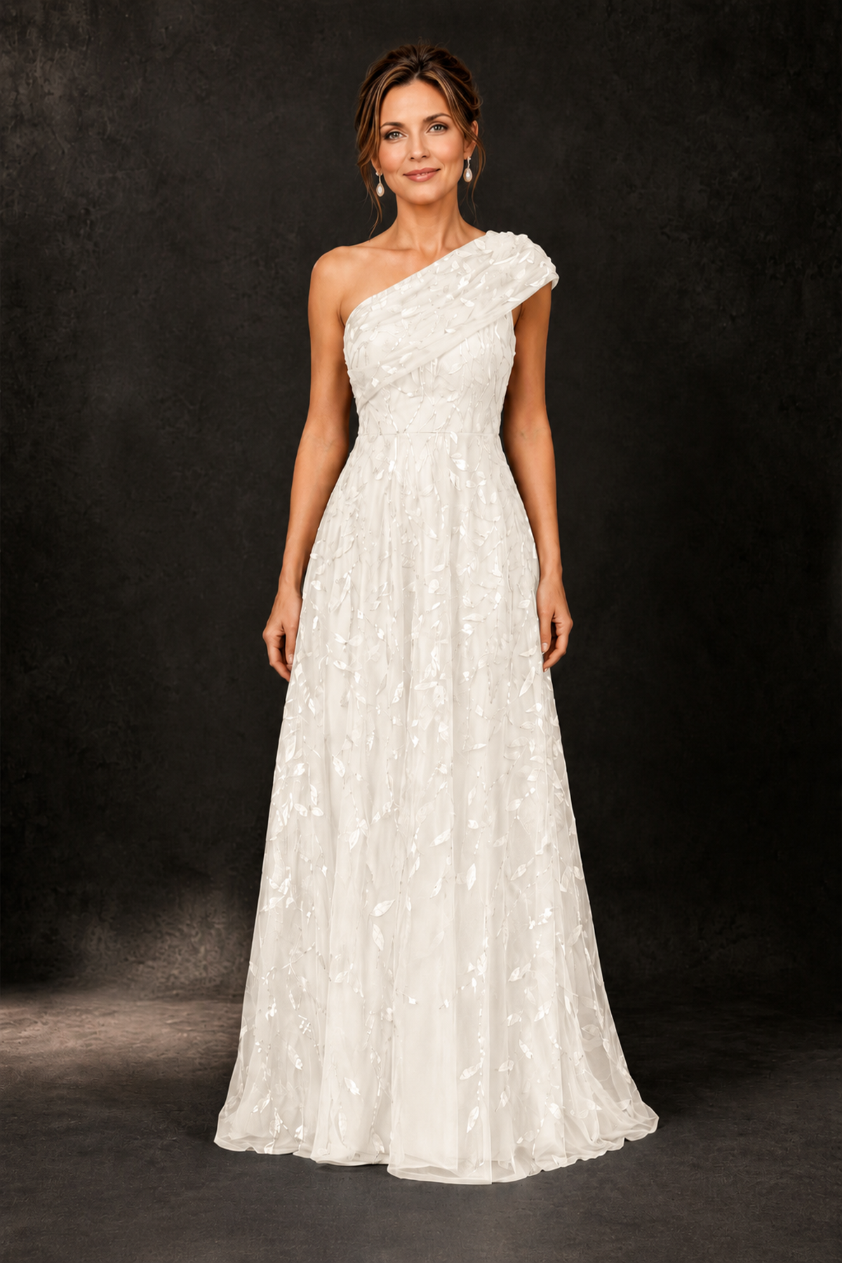 BOLODOO Ivory Leaf Sequin One-Shoulder A-Line Maxi Gown – Mother of the Bride & Formal Evening Dress - Ivory - Ivory_1