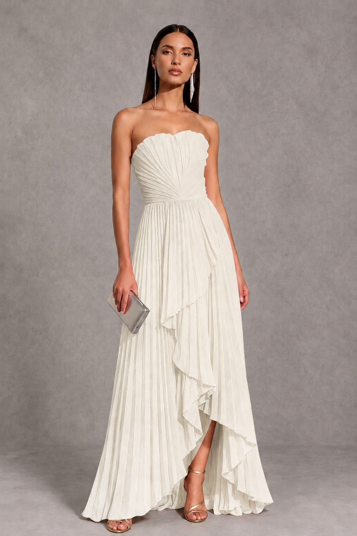 Ivory Strapless Pleated High-Low Evening Gown with Ruffle Hem - Ivory - Ivory_1