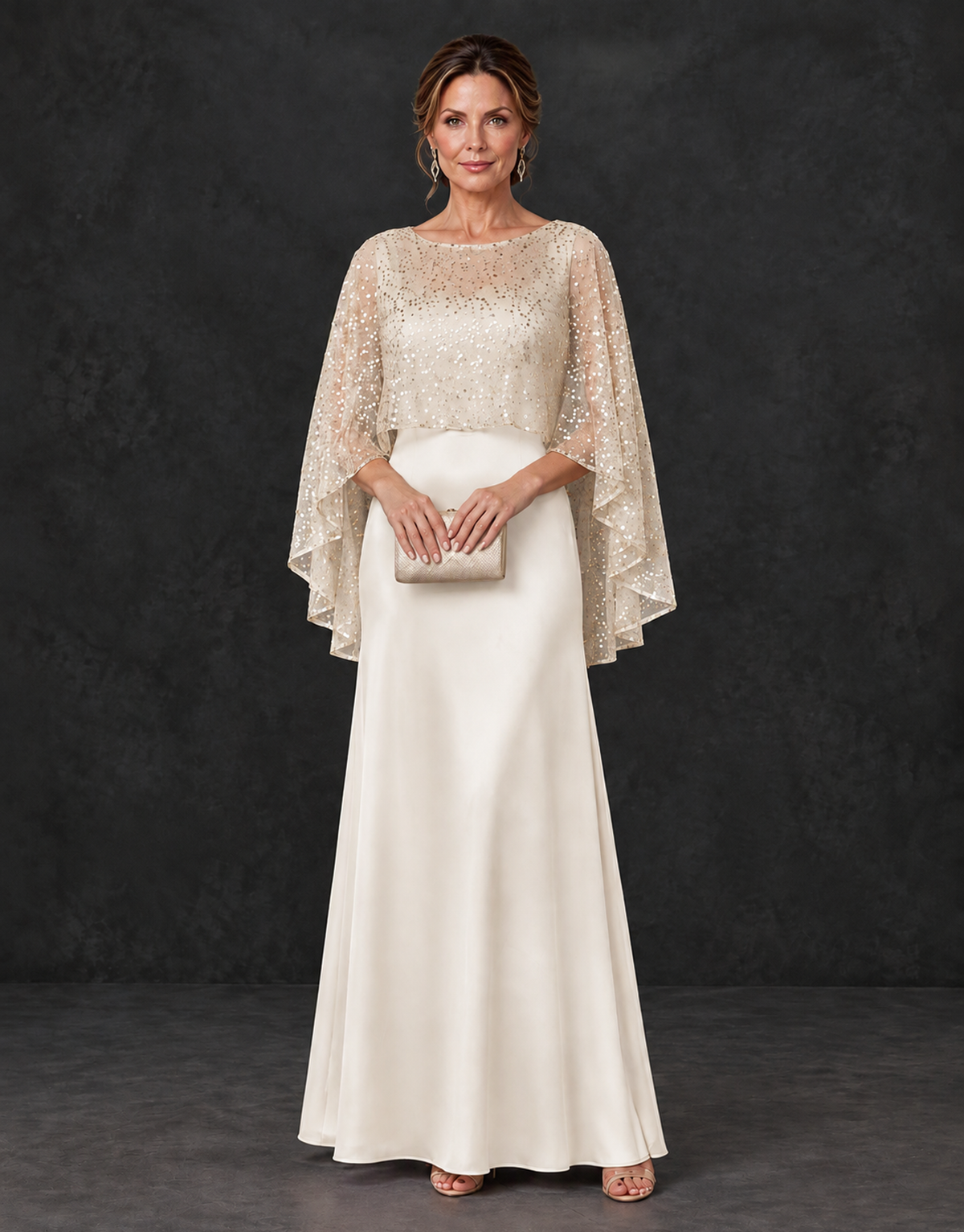 BOLODOO Ivory Sparkle Cape Sleeve Mother of the Bride Dress - Ivory - Ivory_1