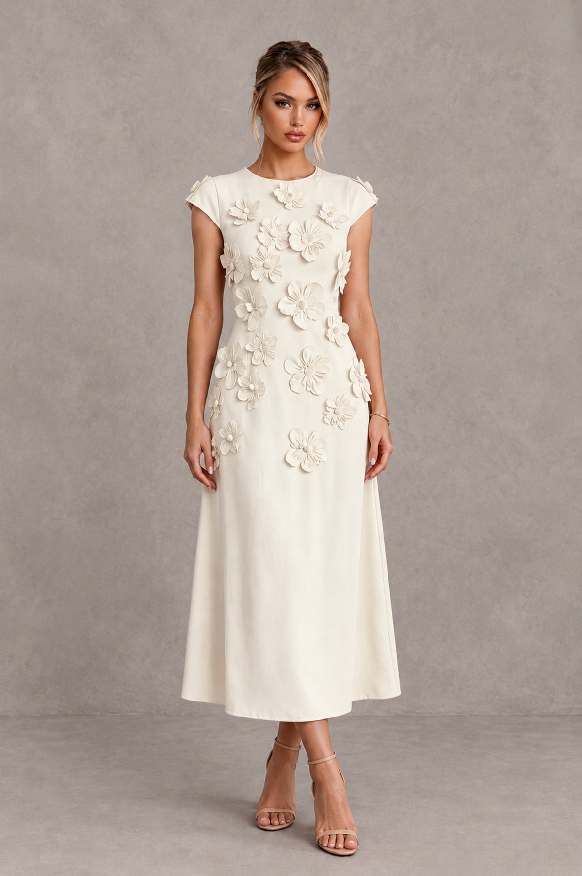 BOLODOO Ivory 3D Floral Cap Sleeve Midi Cocktail Dress - Ivory - Ivory_1