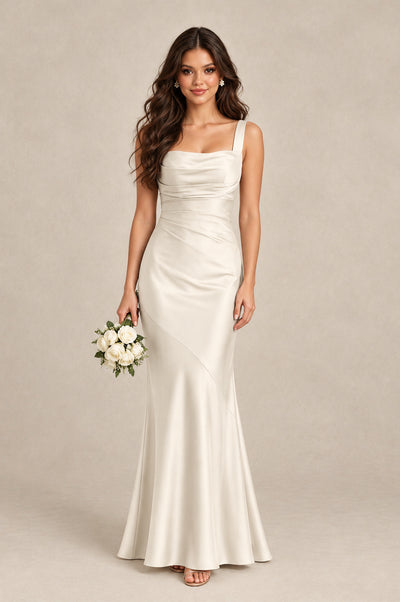 BOLODOO Ivory Square Neck Ruched Satin Lace-Up Bridesmaid Dress - Ivory - Ivory_1