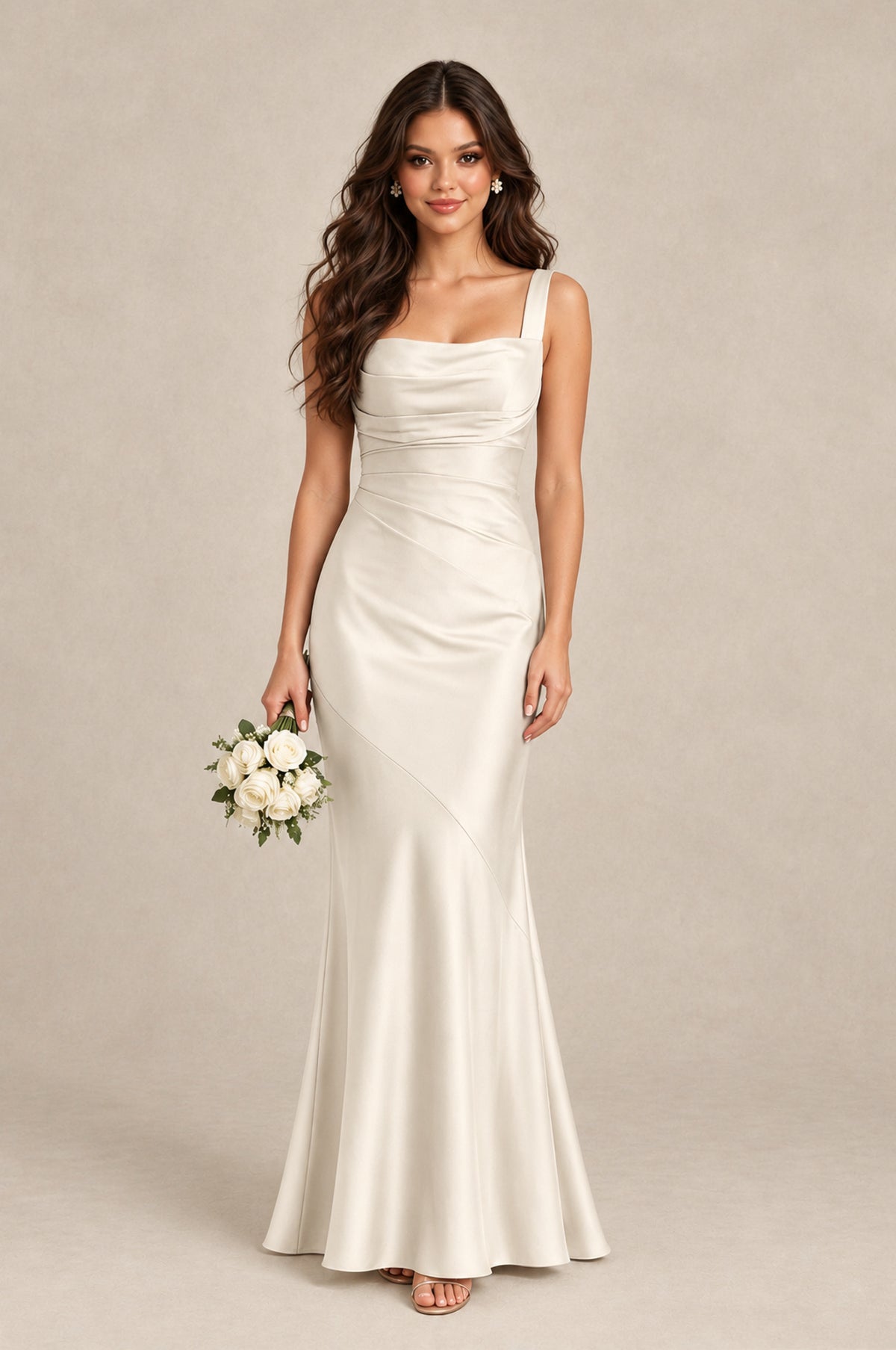BOLODOO Ivory Square Neck Ruched Satin Lace-Up Bridesmaid Dress - Ivory - Ivory_1