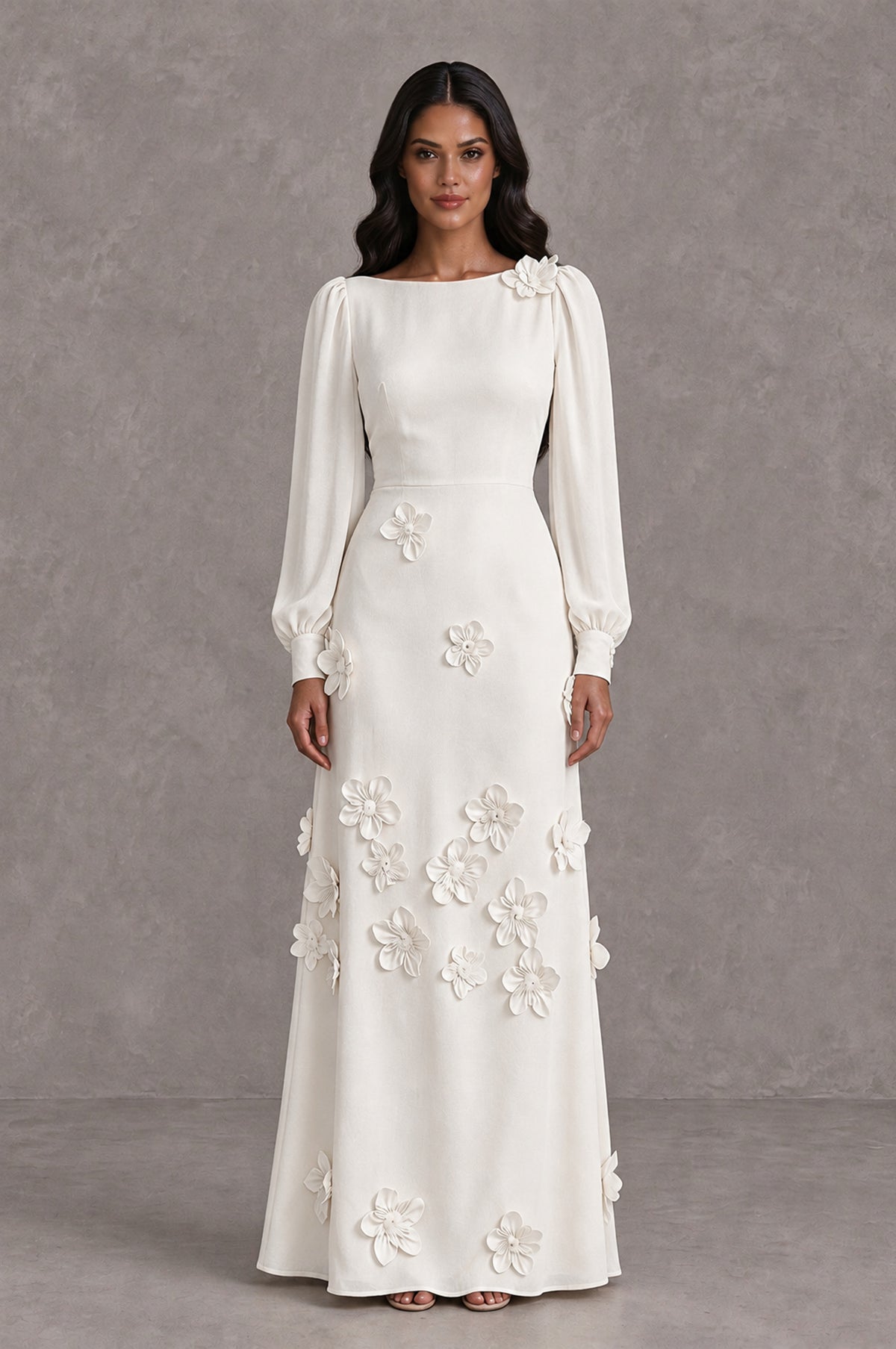 BOLODOO Ivory Long Sleeve Floral Applique A-Line Evening Dress - Ivory - Ivory_1