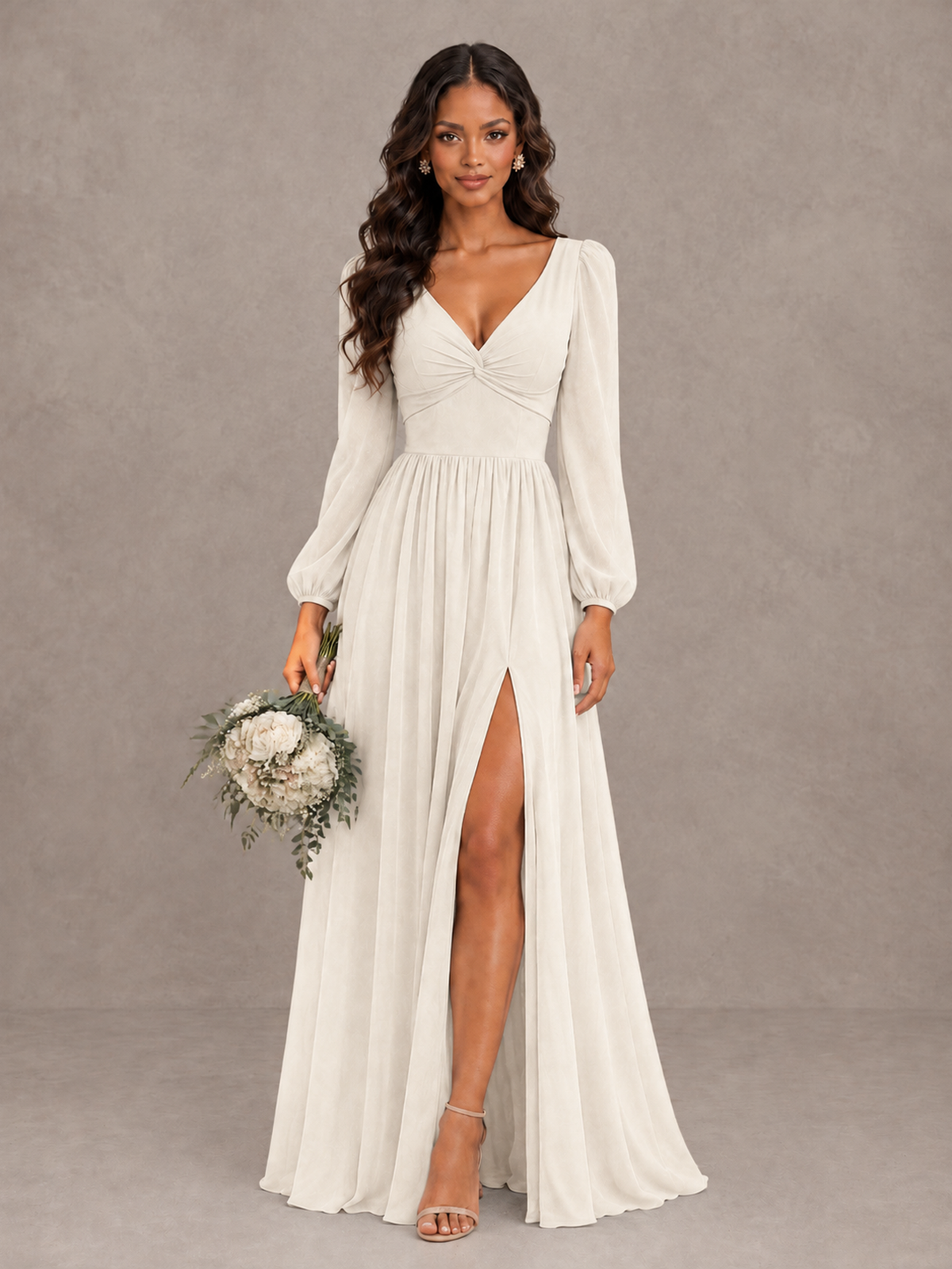 BOLODOO Ivory V-Neck Long Sleeve Bridesmaid Dress with Tie Back and Slit - Ivory - Ivory_1
