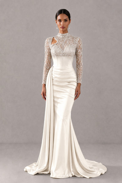 BOLODOO Ivory Long Sleeve Embellished Satin Mermaid Evening Gown - Ivory - Ivory_1