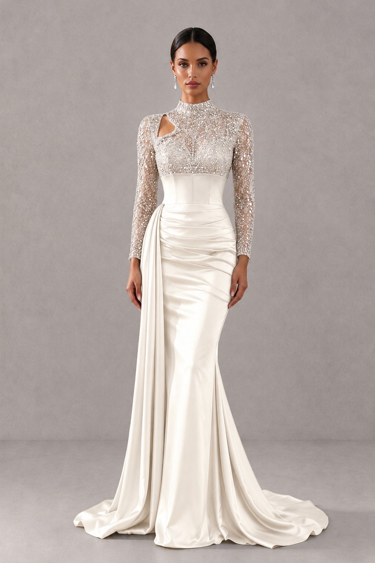 BOLODOO Ivory Long Sleeve Embellished Satin Mermaid Evening Gown - Ivory - Ivory_1