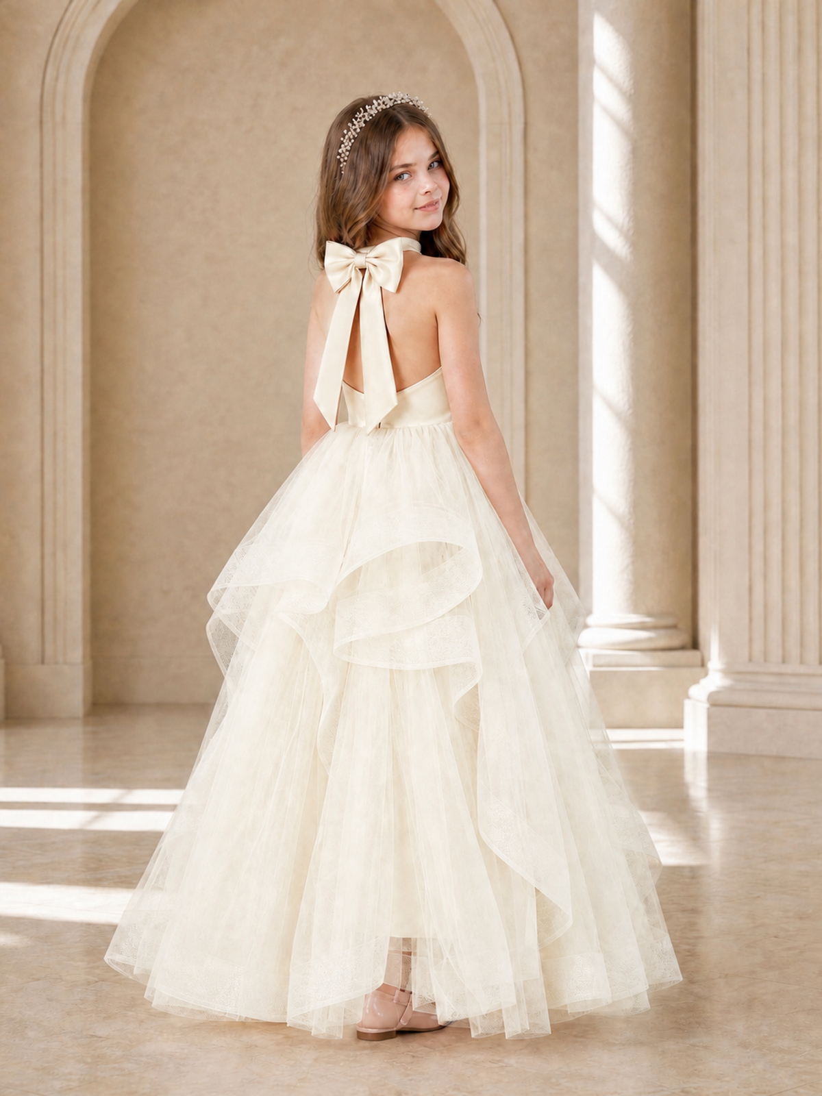 BOLODOO Ivory Halter Tiered Tulle Flower Girl Dress with Bow Back - Ivory - Ivory_1