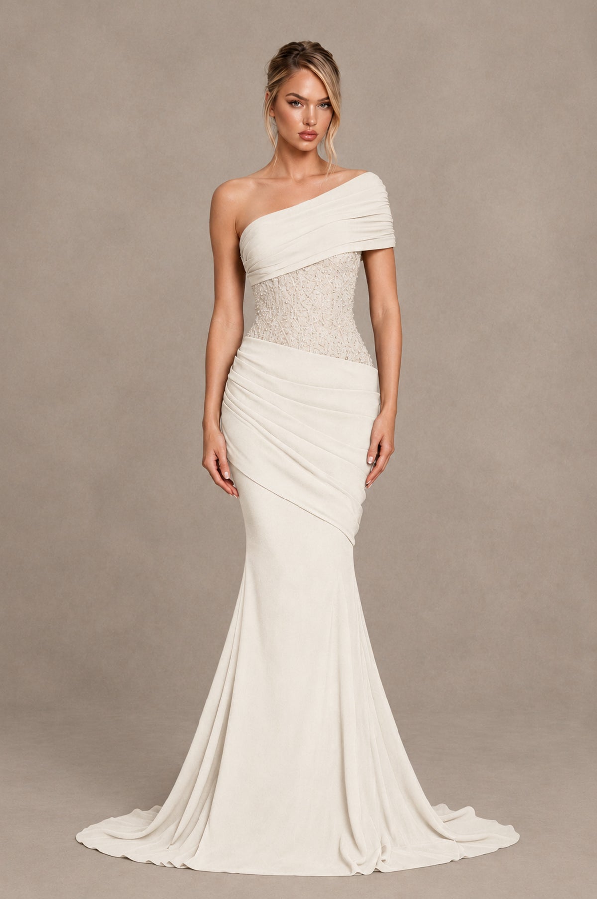 BOLODOO Ivory One-Shoulder Sequin Embroidered Ruched Mermaid Gown with Train - Ivory - Ivory_1