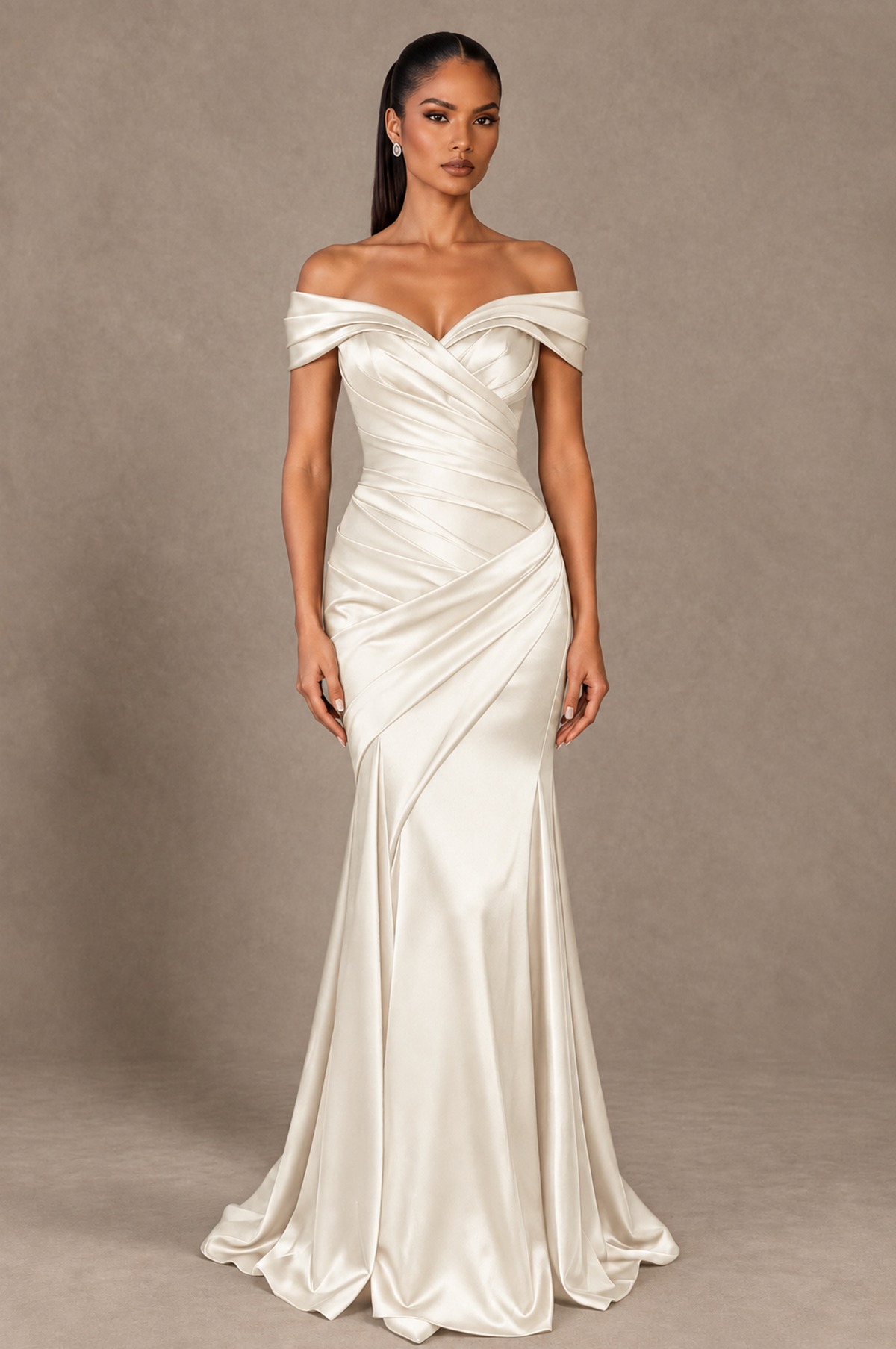 BOLODOO Ivory Off-the-Shoulder Ruched Satin Mermaid Evening Dress - Ivory - Ivory_1