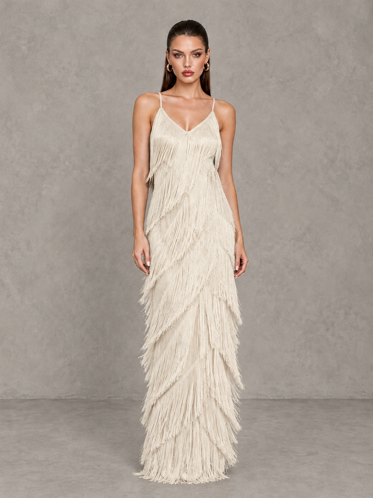 BOLODOO Ivory V-Neck Spaghetti Strap Fringe Maxi Evening Dress - Ivory - Ivory_1