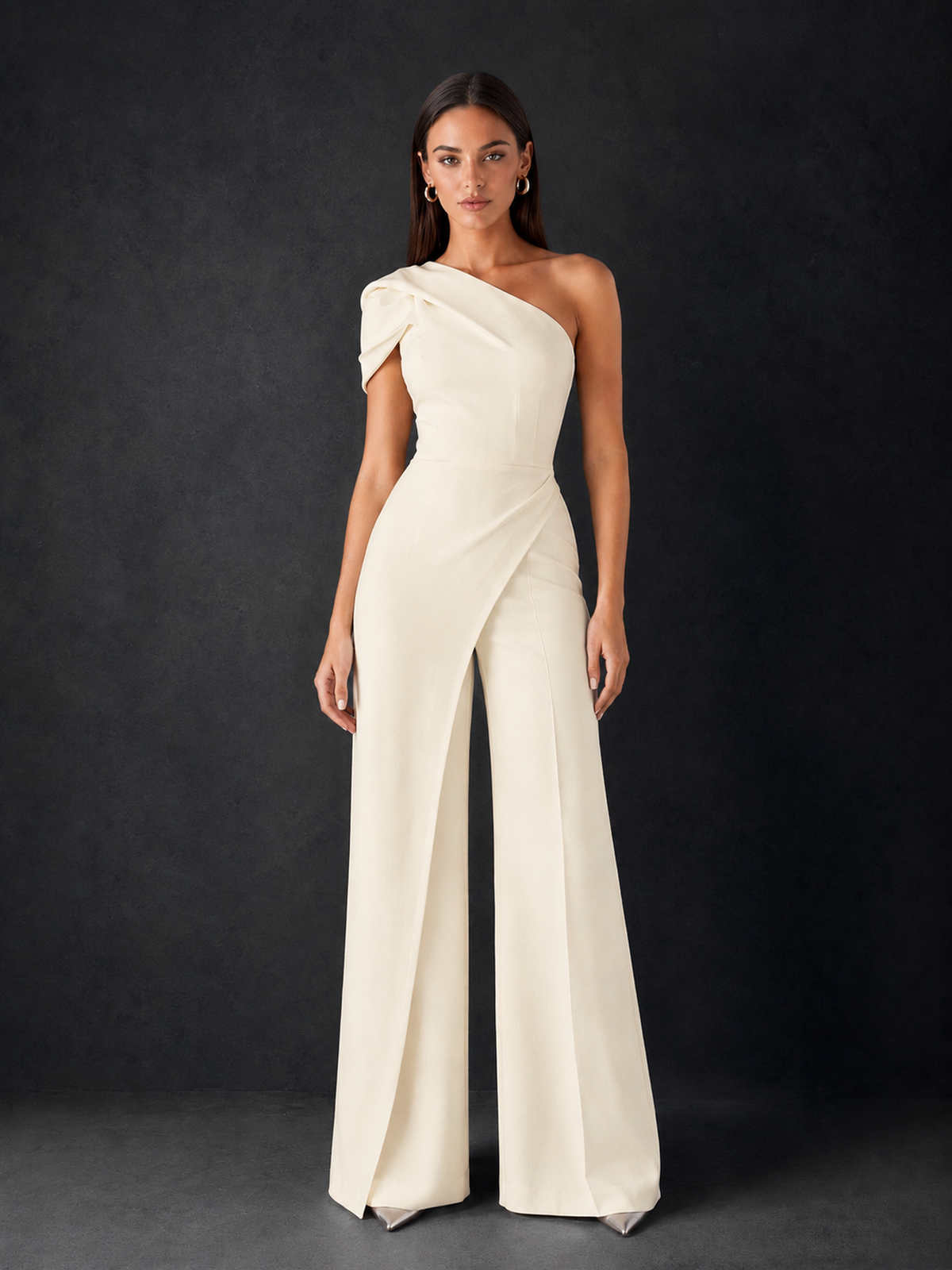 BOLODOO Ivory One-Shoulder Puff Sleeve Wide-Leg Jumpsuit with Front Slit and Open Back - Ivory