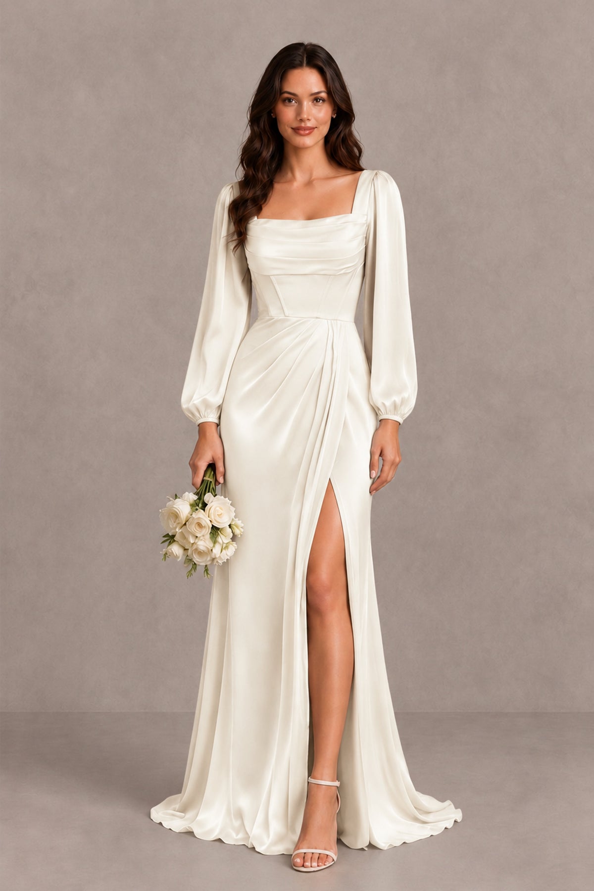BOLODOO Ivory Satin-Look Long Sleeve Evening Dress with High Slit - Ivory - Ivory_1