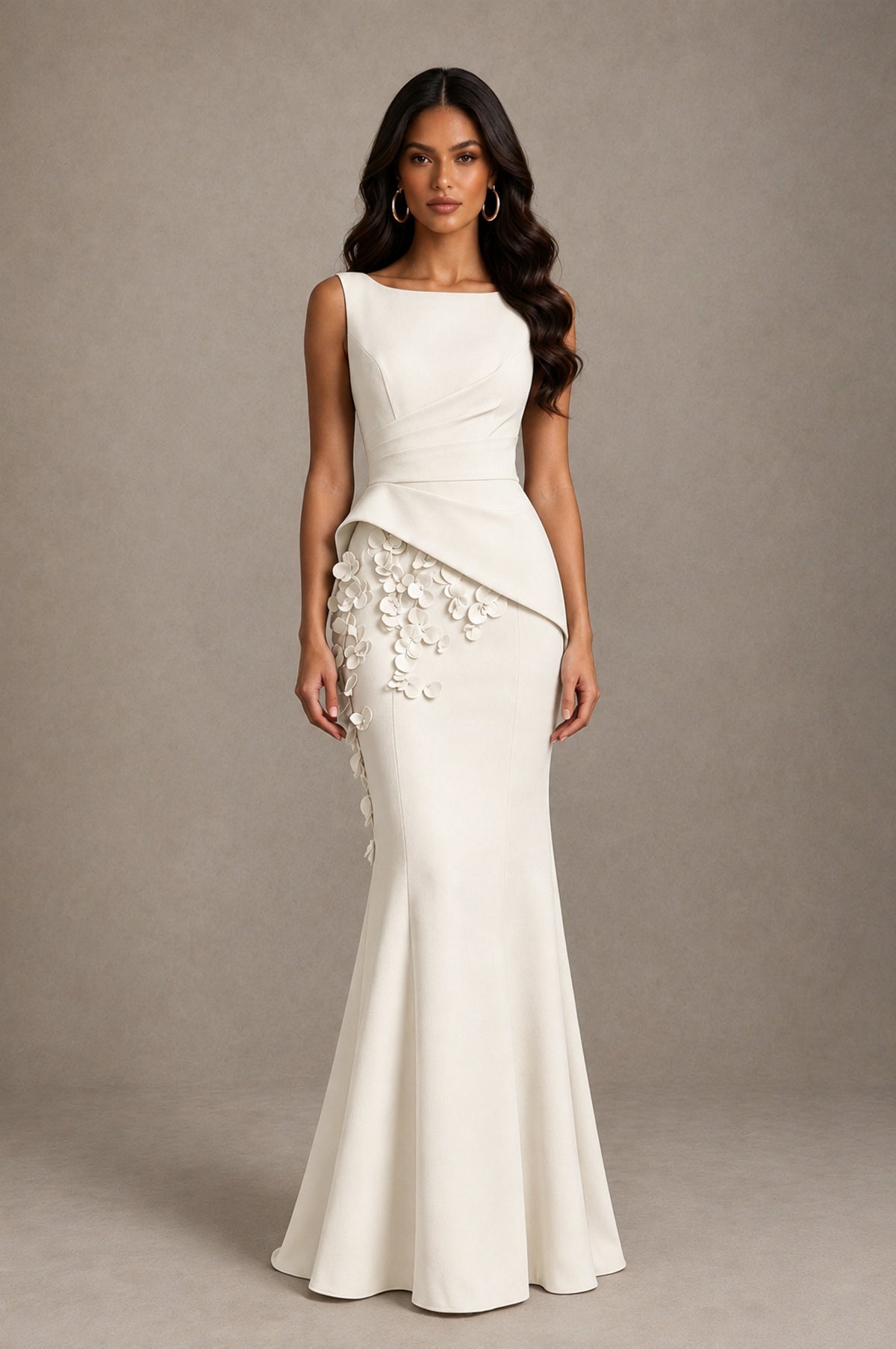 BOLODOO Ivory Bateau Neck Sleeveless Asymmetric Peplum 3D Petal Appliqué Mermaid Gown BD0421 - Ivory - Ivory_1