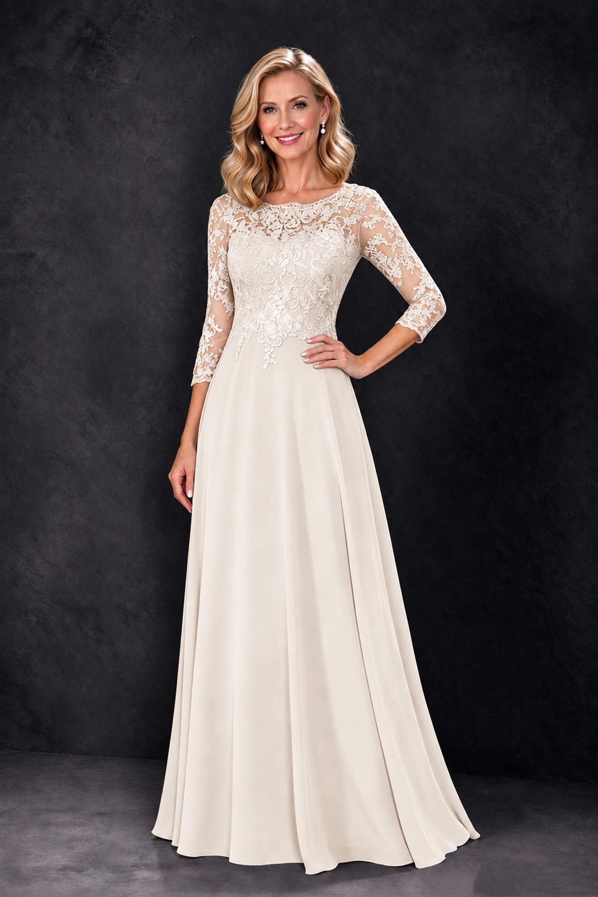 BOLODOO Ivory Lace Embroidered Mother of the Bride Dress with 3/4 Sleeves - Ivory - Ivory_1