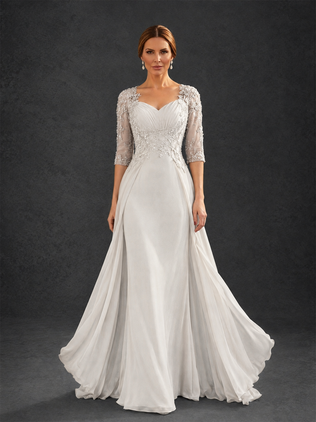 BOLODOO Ivory Sweetheart Neck 3/4 Sleeve Floral Lace Illusion Bodice Chiffon A-Line Gown - Ivory