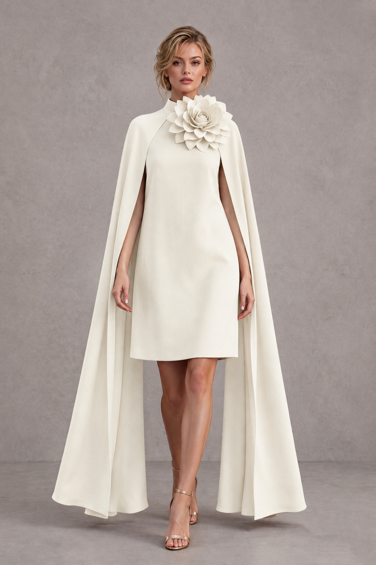 BOLODOO Ivory High Neck Floral Cape Mini Cocktail Dress - Ivory - Ivory_1