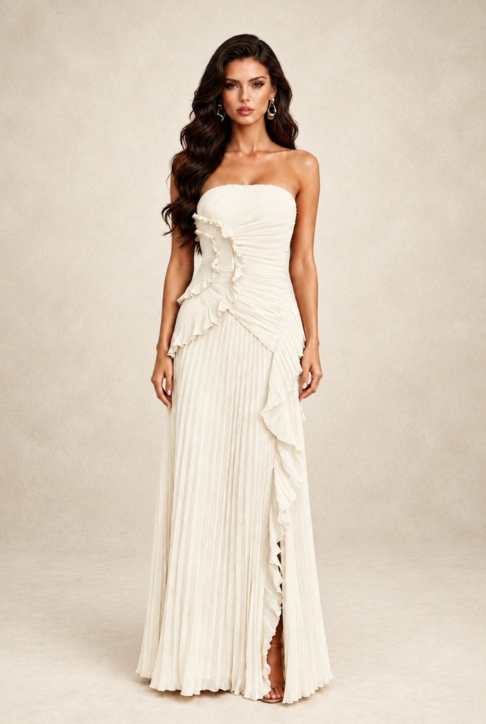 BOLODOO Ivory Strapless Ruffle Pleated Slit Evening Gown - Ivory - Ivory_1