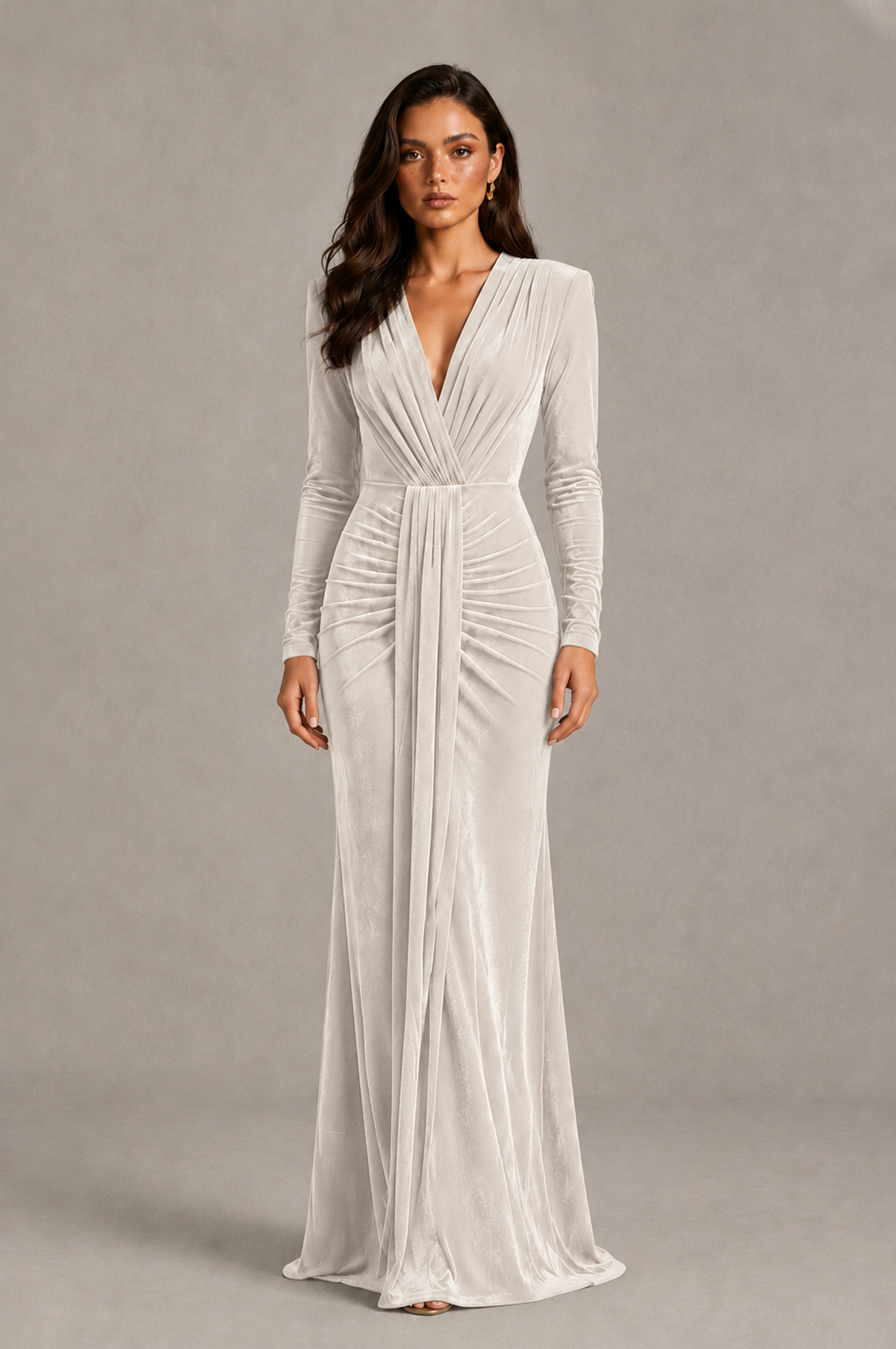 BOLODOO Ivory Velvet Long Sleeve V-Neck Ruched Evening Gown - Ivory