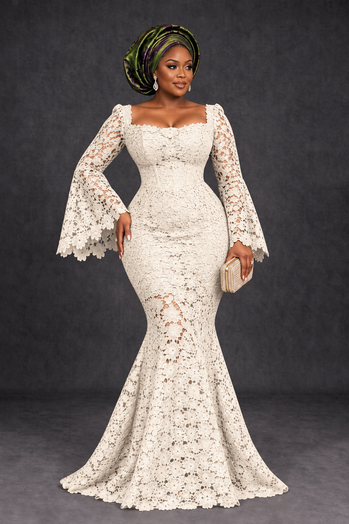 BOLODOO Ivory African Lace Mermaid Dress, Plus Size Nigerian Wedding Guest Gown with Bell Sleeves - Ivory - Ivory_1
