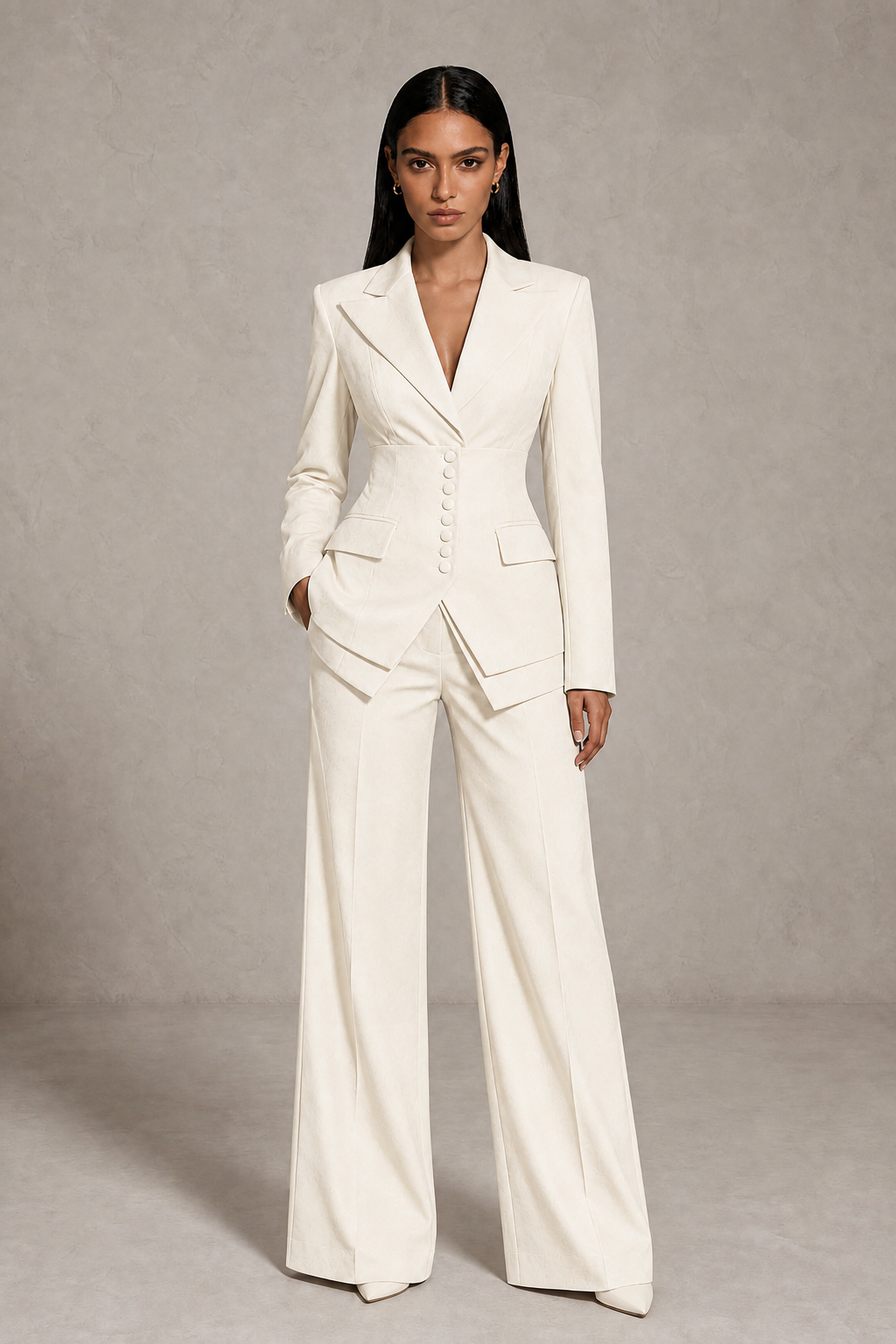BOLODOO Ivory Cinched Waist Blazer and Wide Leg Pants Two Piece Suit Set - Ivory