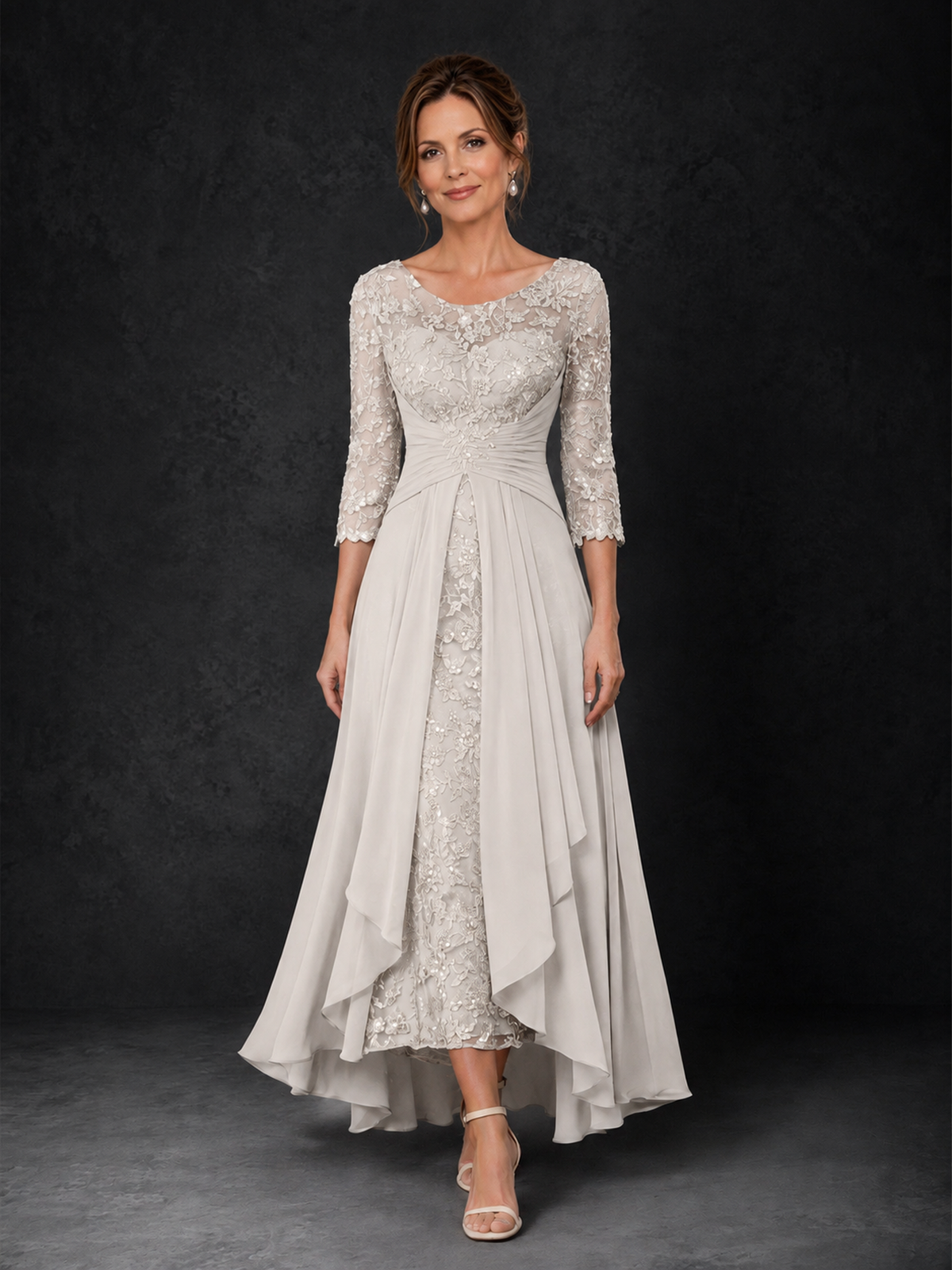 BOLODOO Ivory Sequin Lace & Chiffon Tea-Length Mother of the Bride Dress with 3/4 Sleeves - Ivory