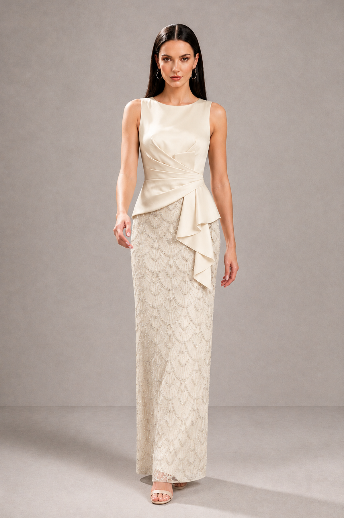 BOLODOO Ivory Sleeveless Satin & Lace Peplum Evening Dress - Ivory - Ivory_1