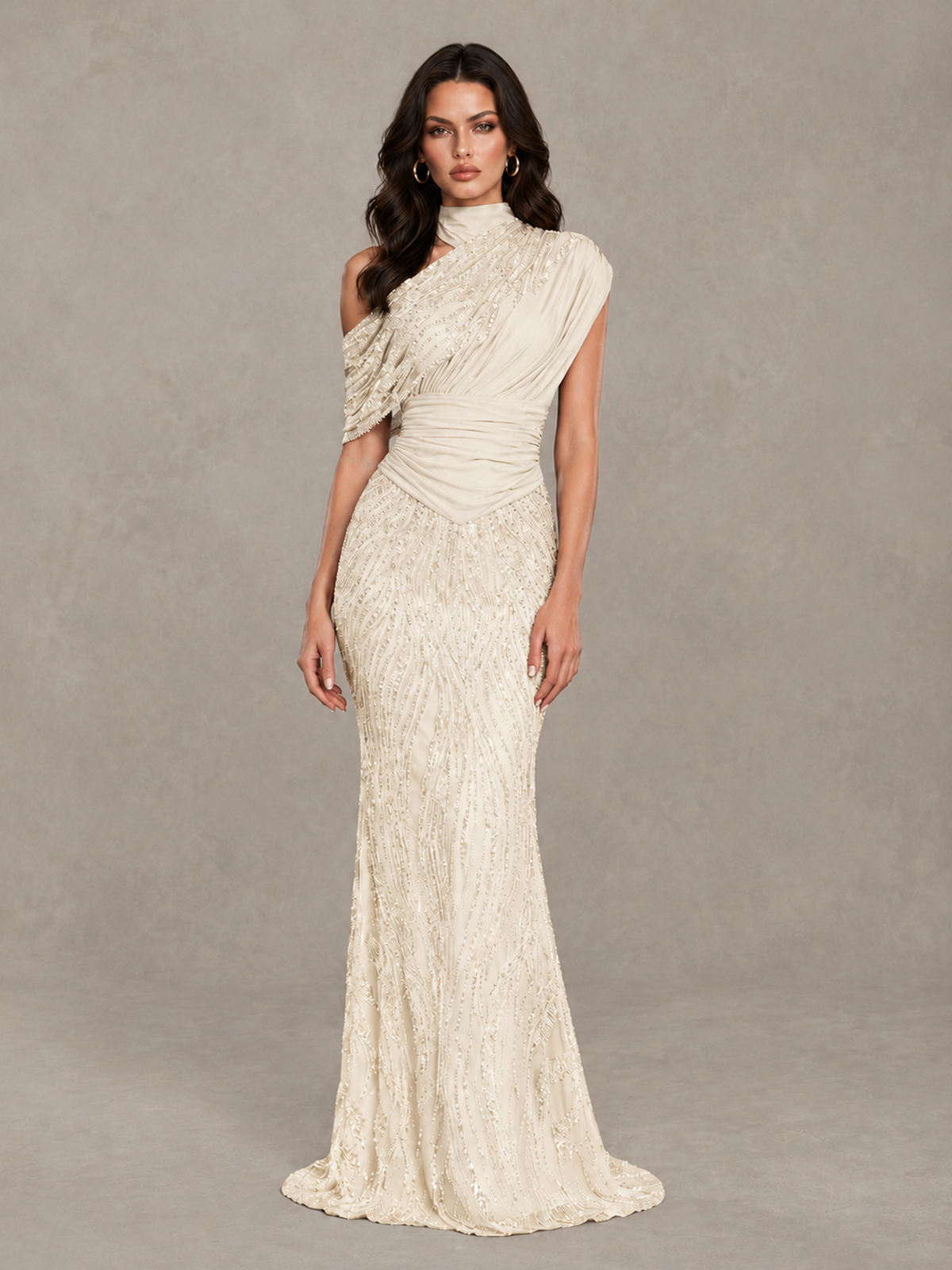 BOLODOO Ivory High Neck Draped Sequin Mermaid Evening Gown - Ivory - Ivory_1