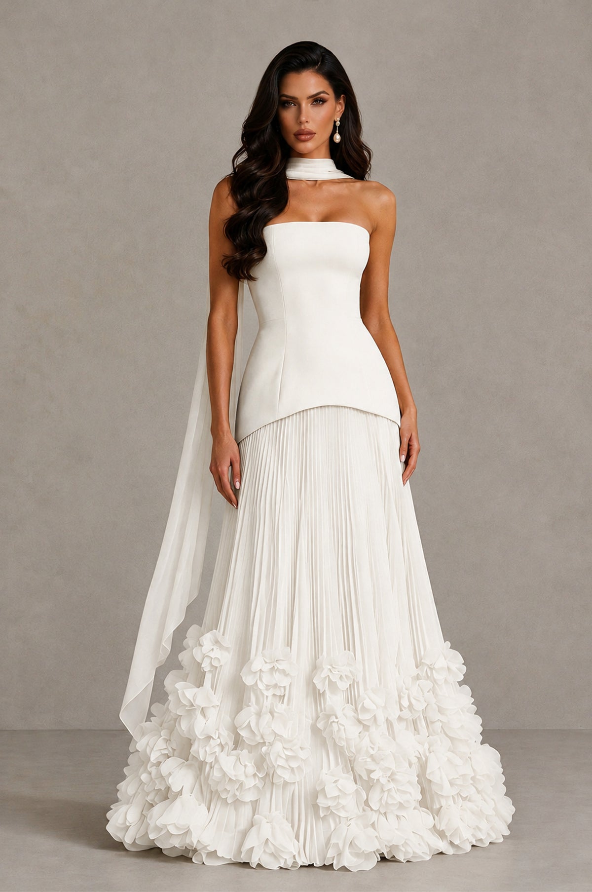 BOLODOO Ivory Strapless Pleated Floral Hem Evening Gown - Ivory - Ivory_1