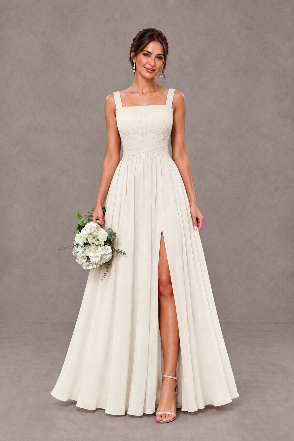 BOLODOO Ivory Square Neck A-Line Bridesmaid Dress with Slit - Ivory - Ivory_1