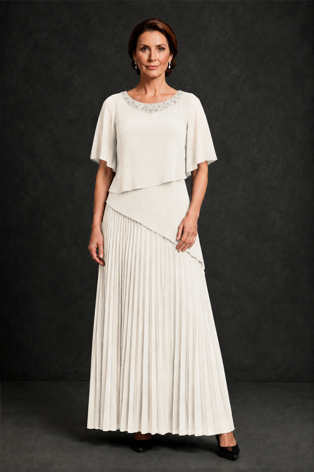 BOLODOO Ivory Pearl Beaded Neck Asymmetric Tiered Flutter Sleeve Pleated Chiffon Maxi Dress - Ivory - Ivory_1