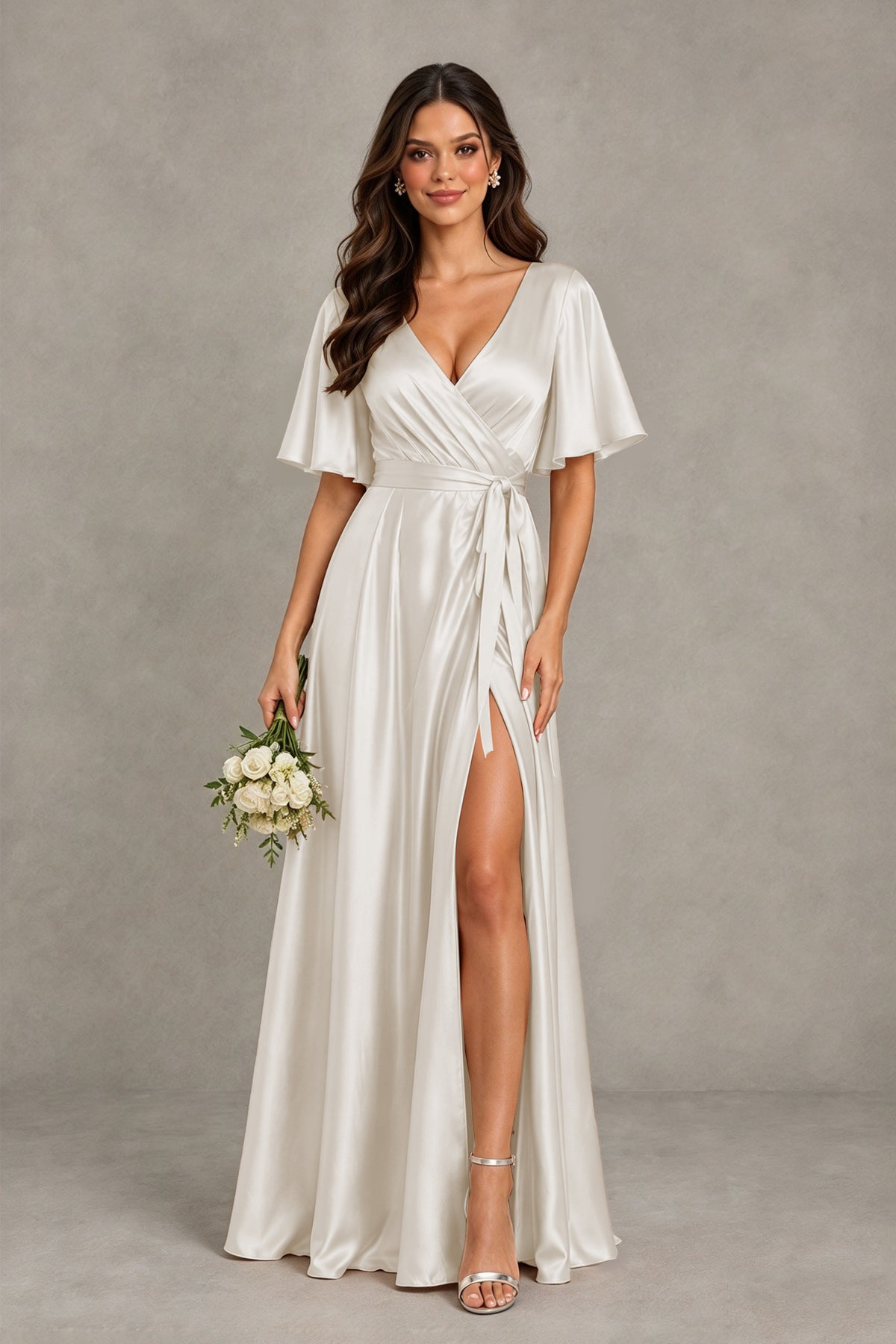 BOLODOO Ivory Satin V-Neck Flutter Sleeve Bridesmaid Dress with Slit - Ivory - Ivory(1)