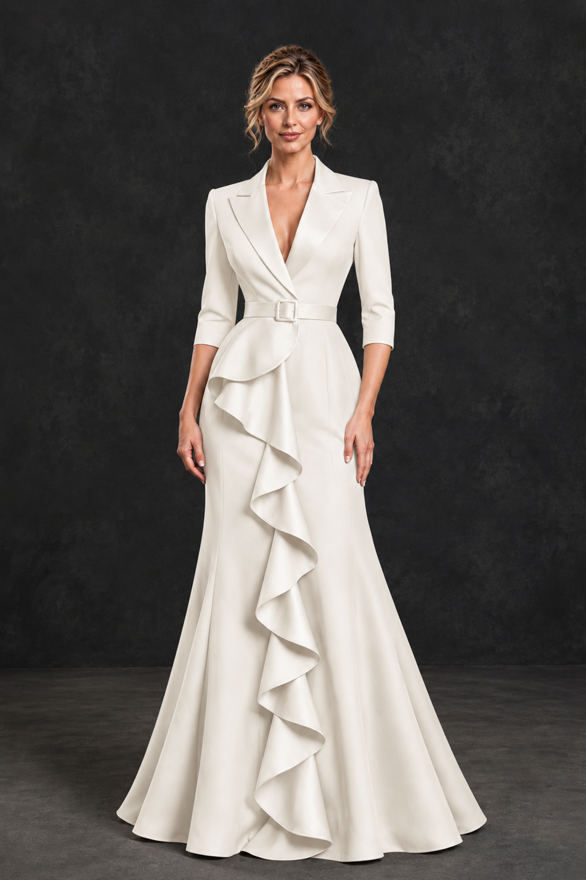 BOLODOO Ivory Lapel Ruffle Mother of the Bride Dress with Belt - Ivory - Ivory_1
