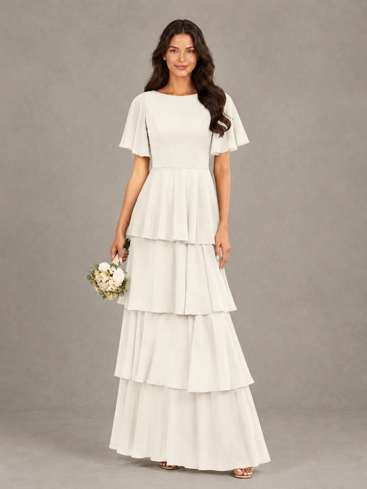 BOLODOO Ivory Tiered Flutter Sleeve Bridesmaid Dress - Ivory - Ivory_1