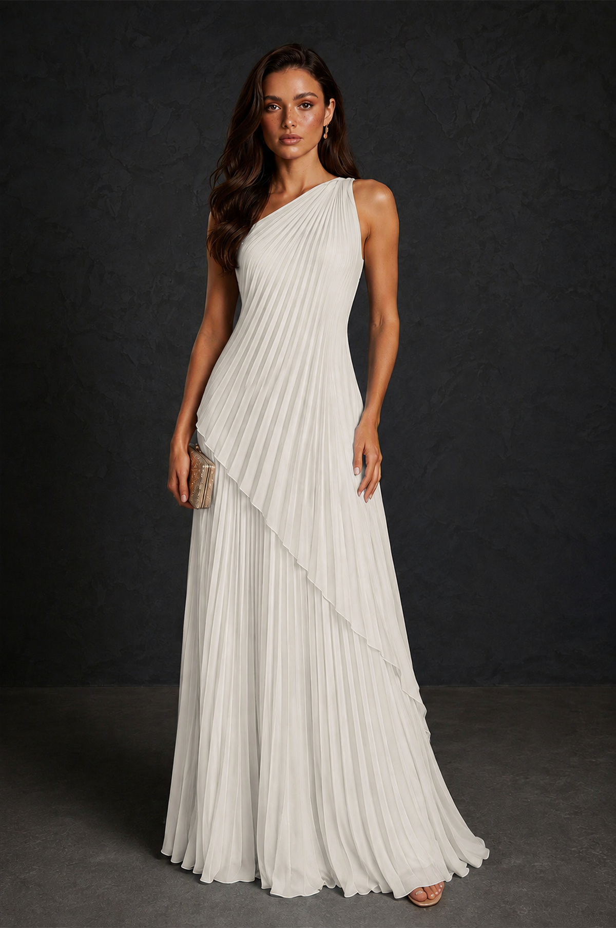 BOLODOO Ivory One-Shoulder Sunburst Pleated Asymmetric Layered Overlay Accordion Pleated Chiffon Maxi Dress - Ivory