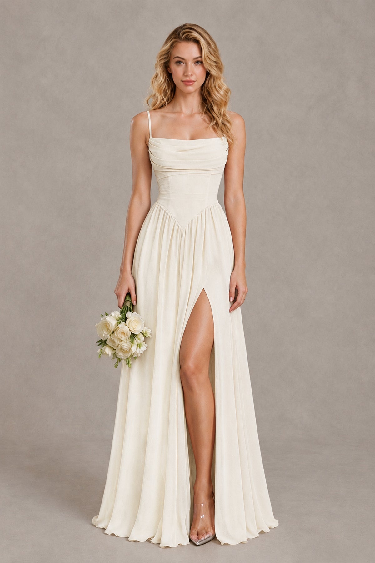BOLODOO Ivory Spaghetti Strap A-Line Bridesmaid Dress with Slit - Ivory - Ivory_1