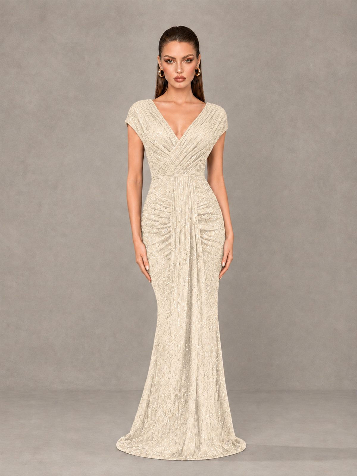 BOLODOO Ivory Glitter V-Neck Cap Sleeve Ruched Mermaid Evening Gown - Ivory - Ivory_1