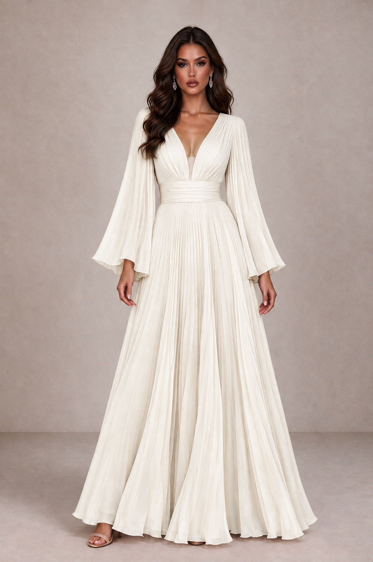 BOLODOO Ivory Pleated Deep V-Neck Long Bell Sleeve Evening Dress - Ivory - Ivory_1