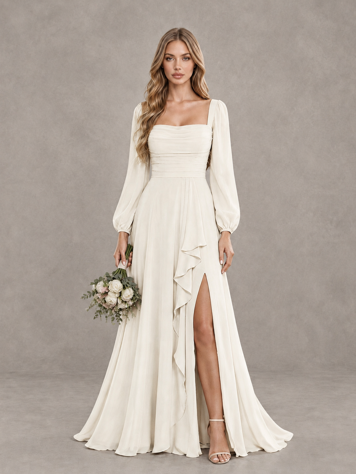 BOLODOO Ivory Square Neck Long Sleeve Bridesmaid Dress with Ruffle Slit - Ivory - Ivory_1