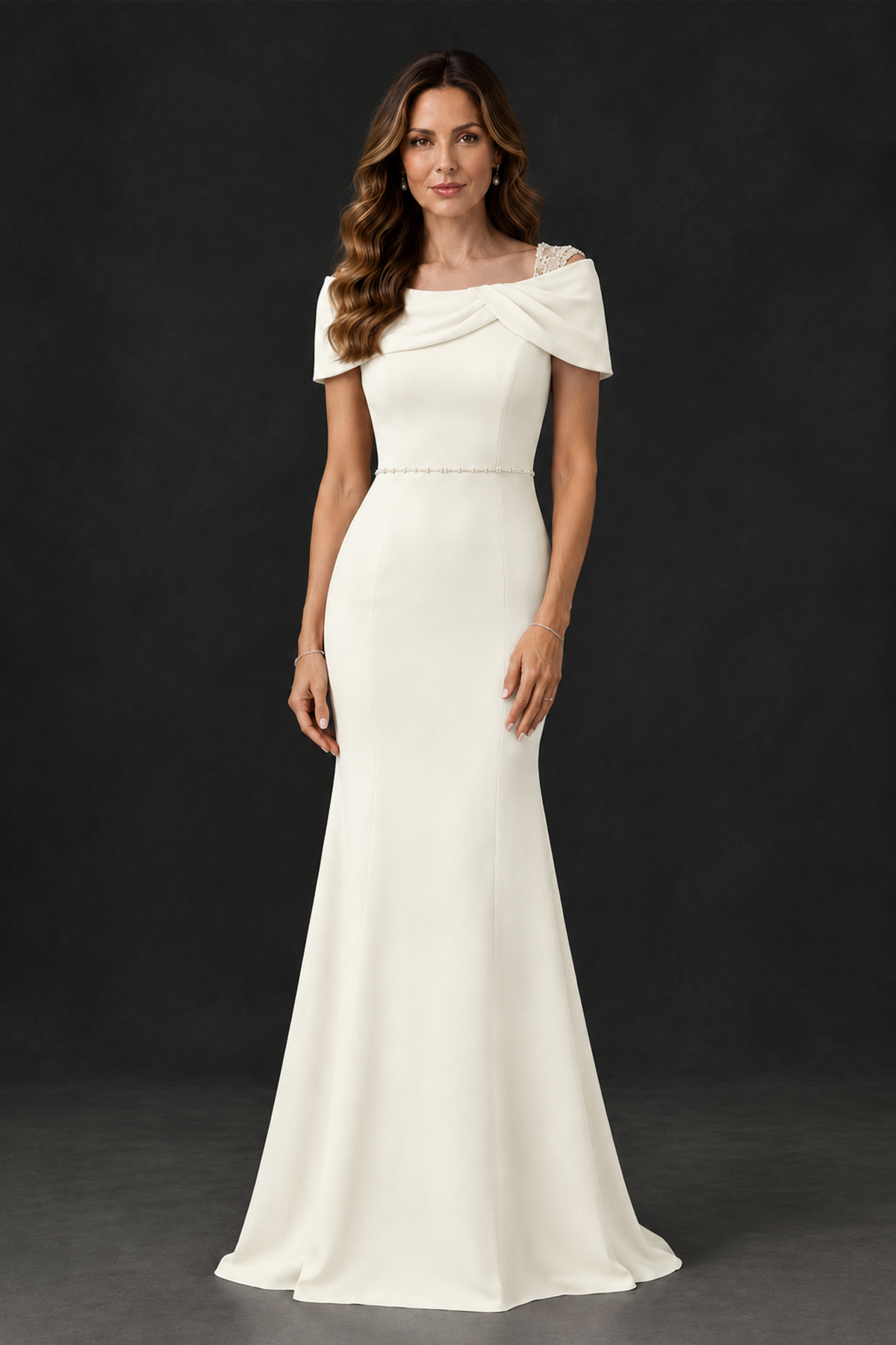 BOLODOO Ivory Mother of the Bride Dress with Draped Cape Detail - Ivory - Ivory_1