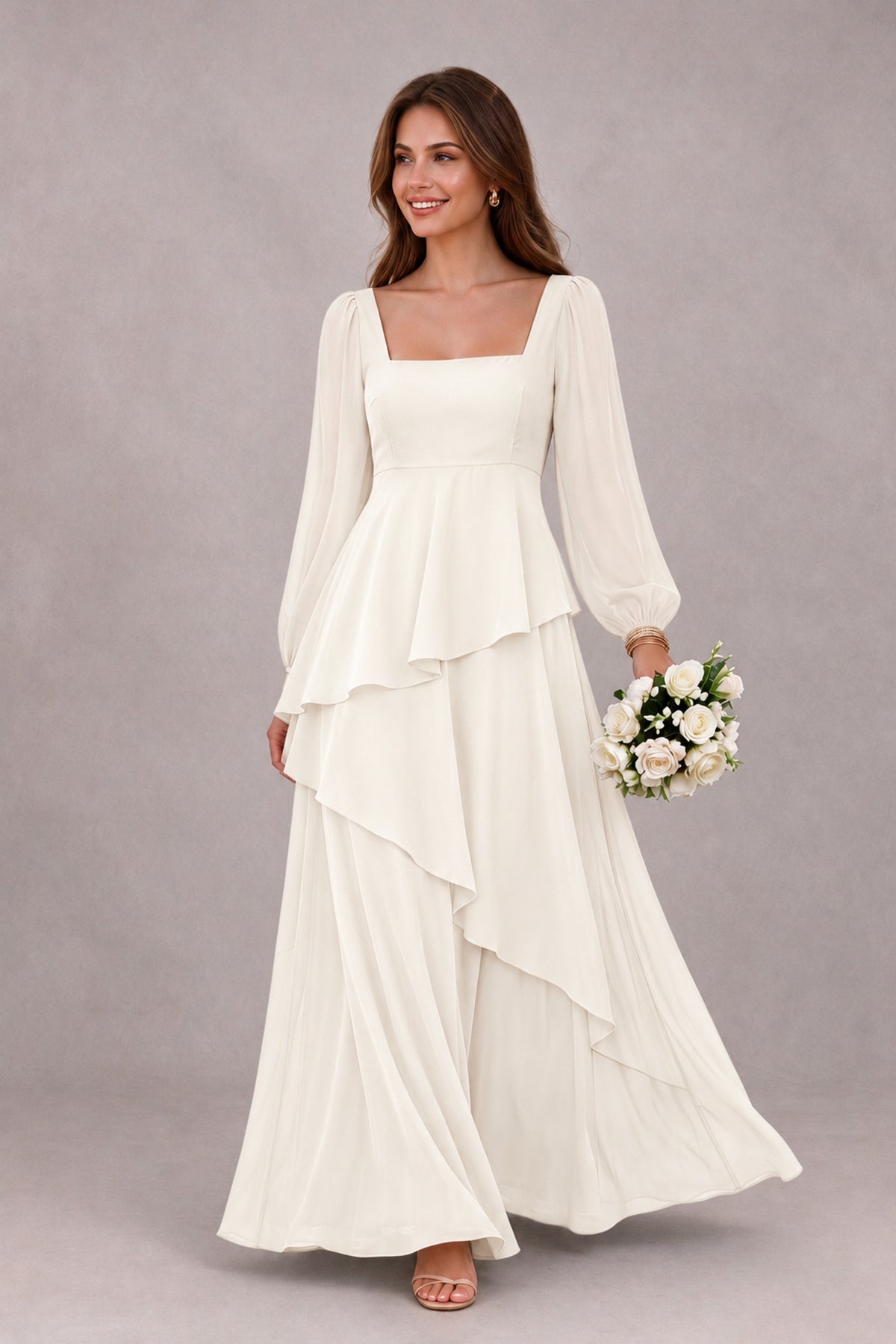 BOLODOO Ivory Long Sleeve Ruffle Bridesmaid Dresses - Ivory - Ivory_1