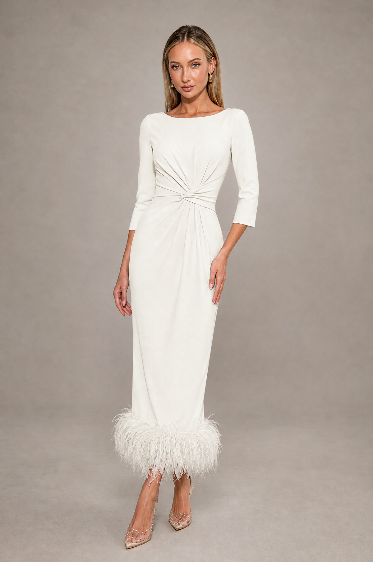 BOLODOO Ivory Feather-Trim Twist-Waist Midi Dress - Ivory - Ivory_1