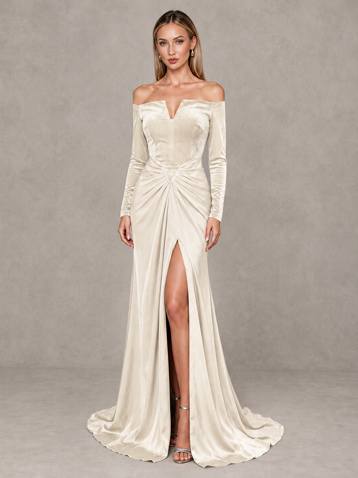 BOLODOO Ivory Off-Shoulder Velvet Evening Gown with High Slit - Ivory - Ivory_1